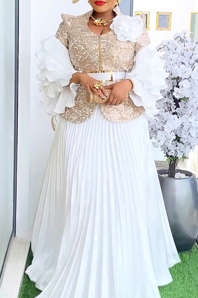Elegant Solid Color With Belt Pleated Flounce V Neck Plus Size Two Pieces