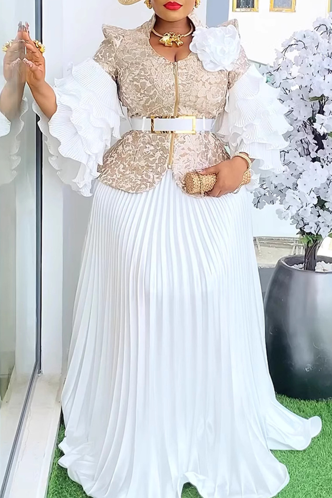 Elegant Solid Color With Belt Pleated Flounce V Neck Plus Size Two Pieces