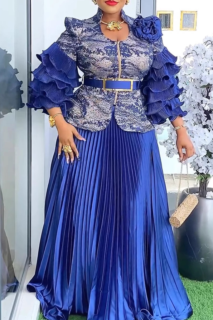 Elegant Solid Color With Belt Pleated Flounce V Neck Plus Size Two Pieces