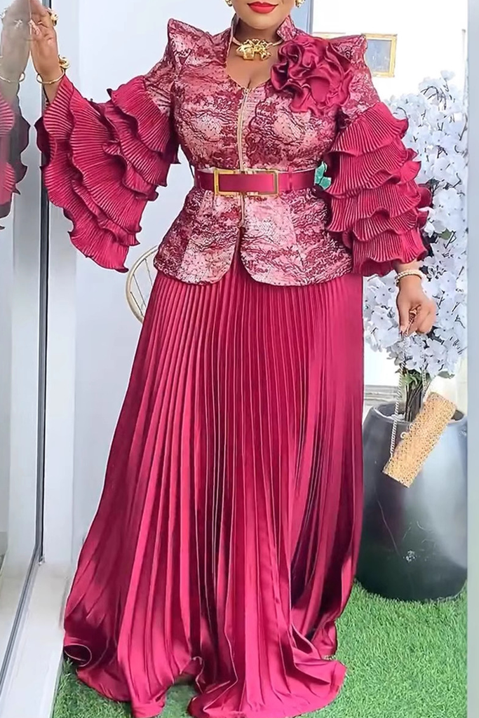 Elegant Solid Color With Belt Pleated Flounce V Neck Plus Size Two Pieces