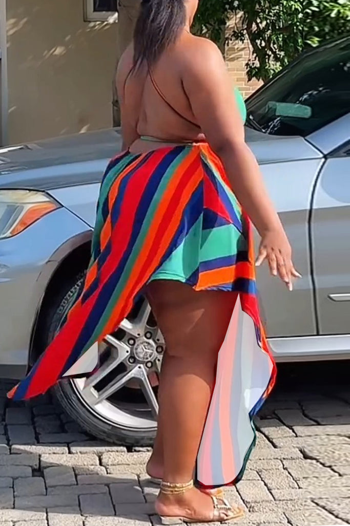Sexy Striped Print Backless Spaghetti Strap Long Dresses