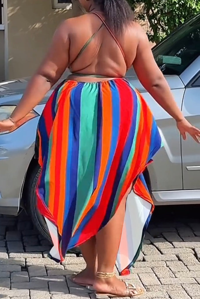 Sexy Striped Print Backless Spaghetti Strap Long Dresses