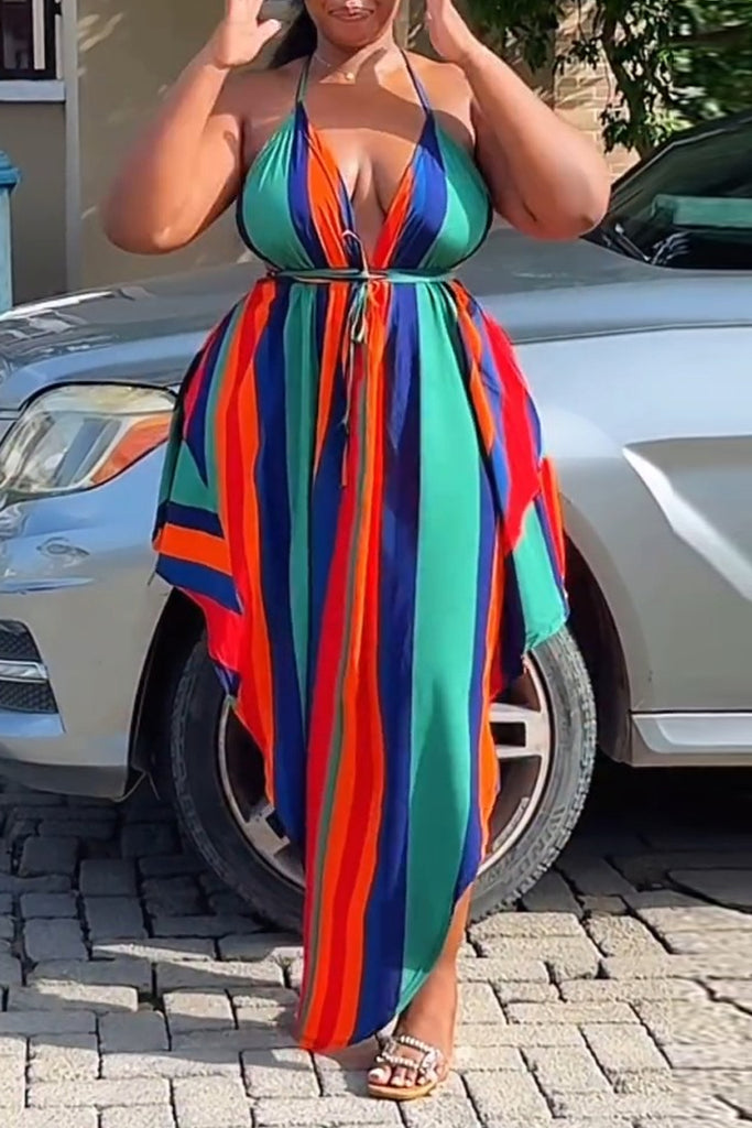 Sexy Striped Print Backless Spaghetti Strap Long Dresses
