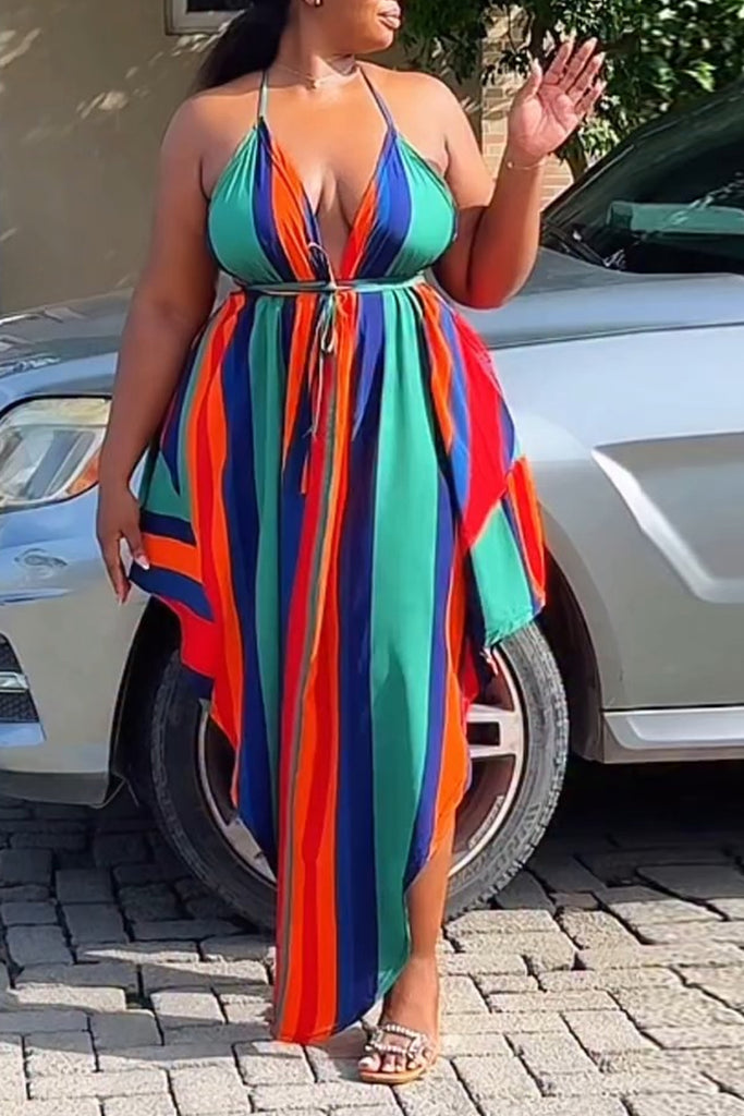 Sexy Striped Print Backless Spaghetti Strap Long Dresses