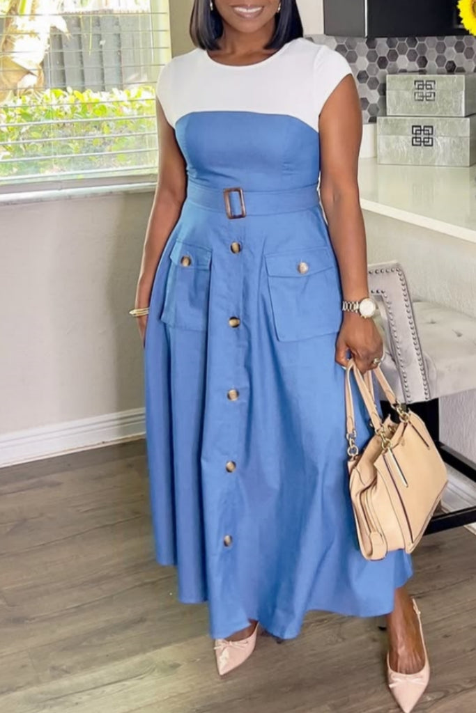 Casual Daily Contrast O Neck Long Dresses