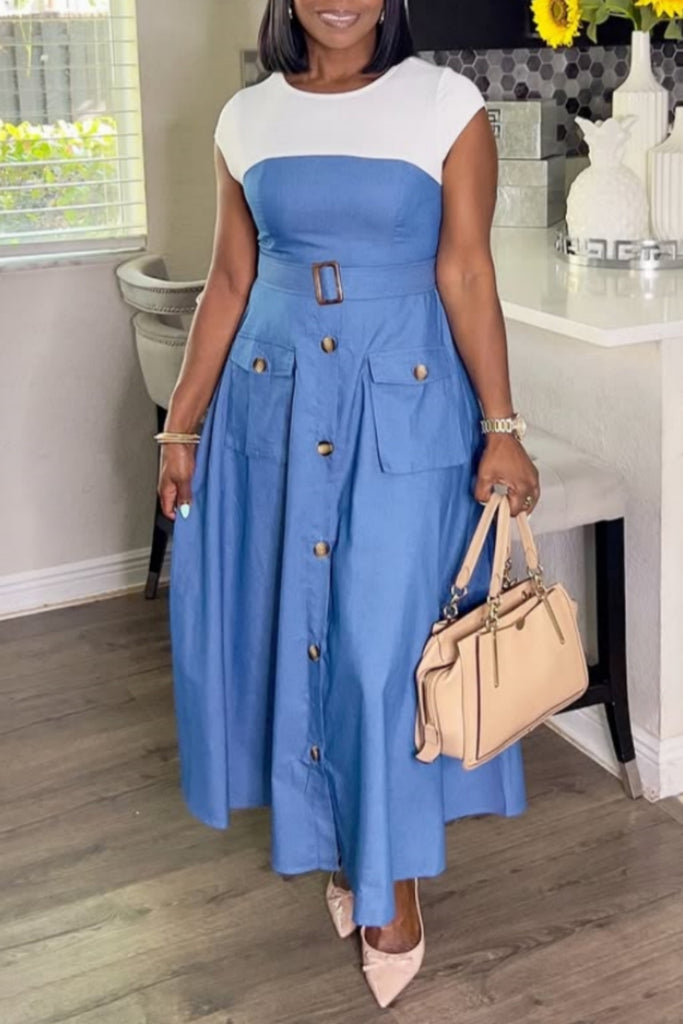 Casual Daily Contrast O Neck Long Dresses