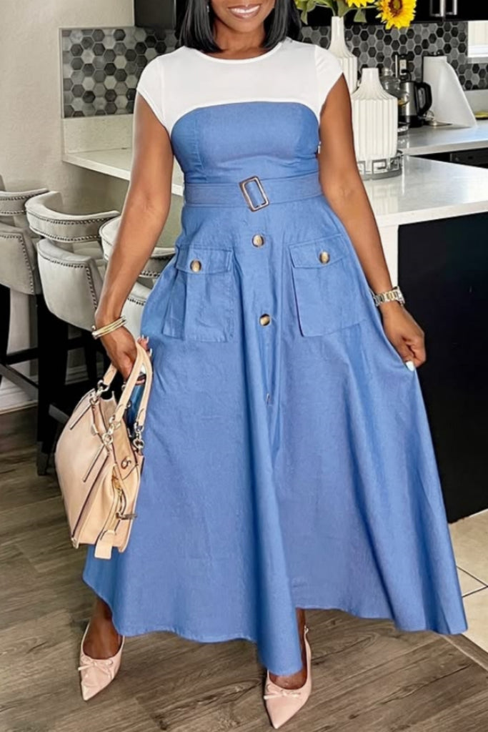 Casual Daily Contrast O Neck Long Dresses