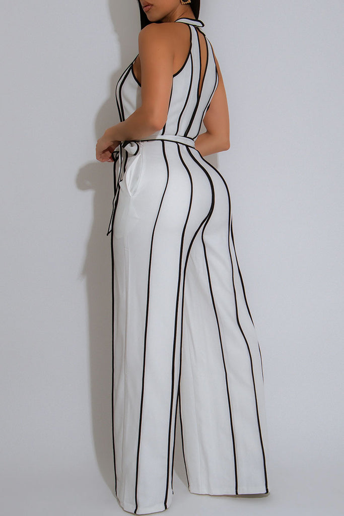 Sexy Casual Patchwork Backless With Belt Halter Regular Jumpsuits