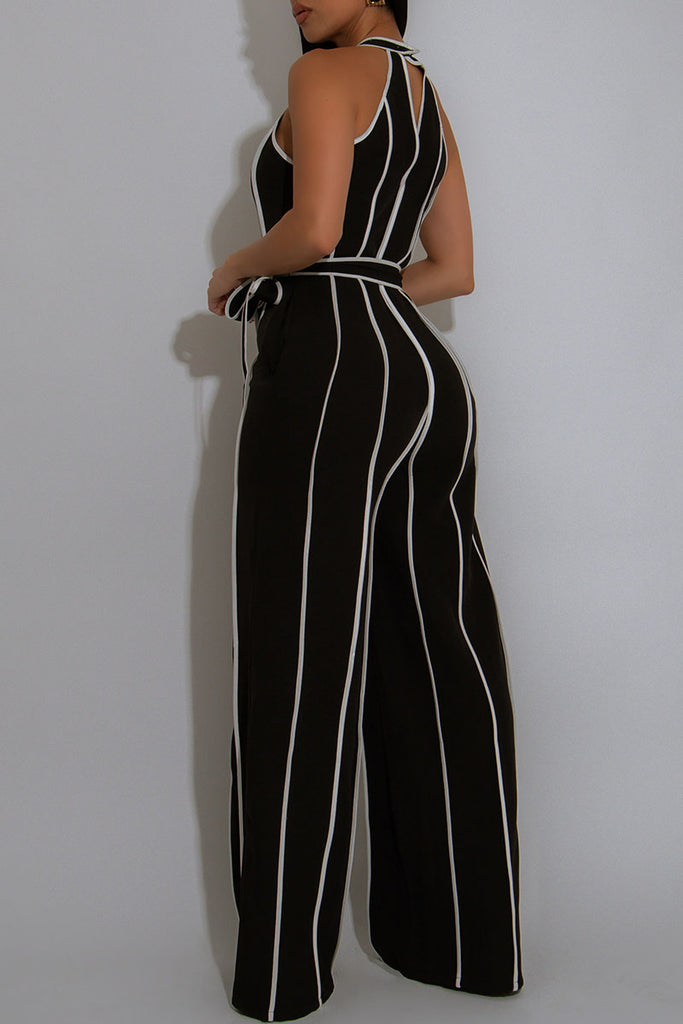 Sexy Casual Patchwork Backless With Belt Halter Regular Jumpsuits
