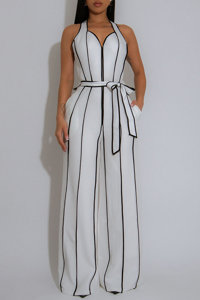 Sexy Casual Patchwork Backless With Belt Halter Regular Jumpsuits