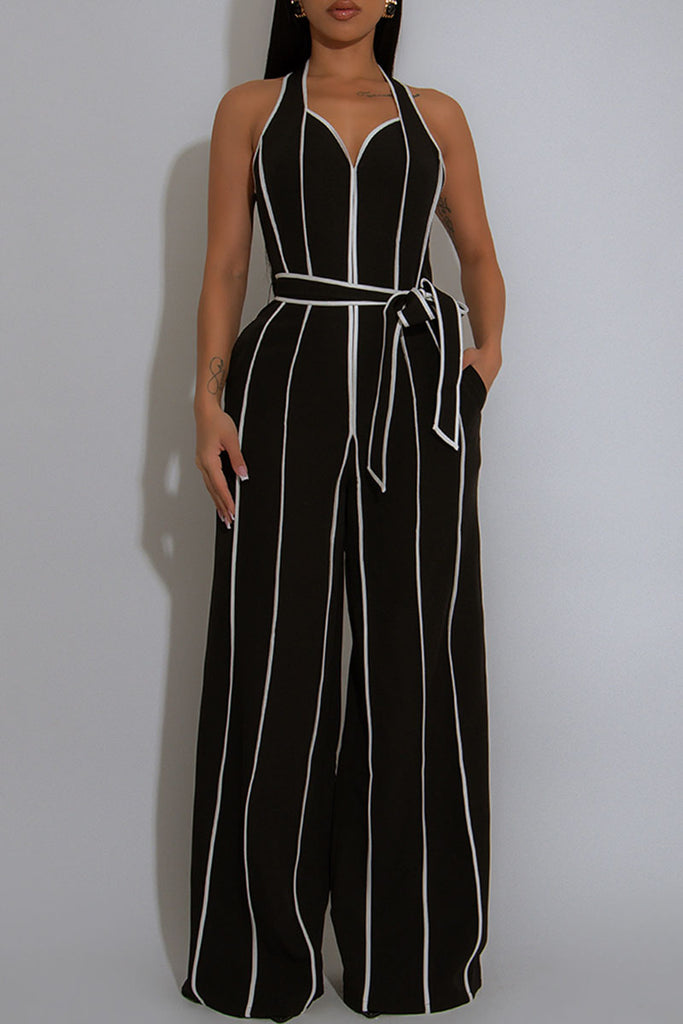 Sexy Casual Patchwork Backless With Belt Halter Regular Jumpsuits