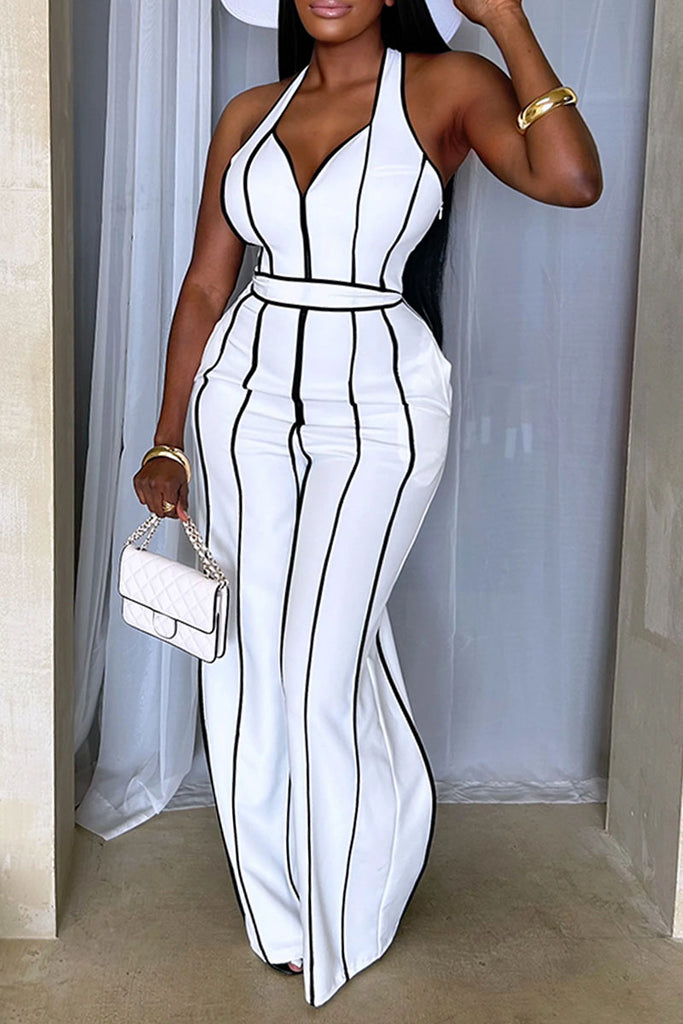 Sexy Casual Patchwork Backless With Belt Halter Regular Jumpsuits