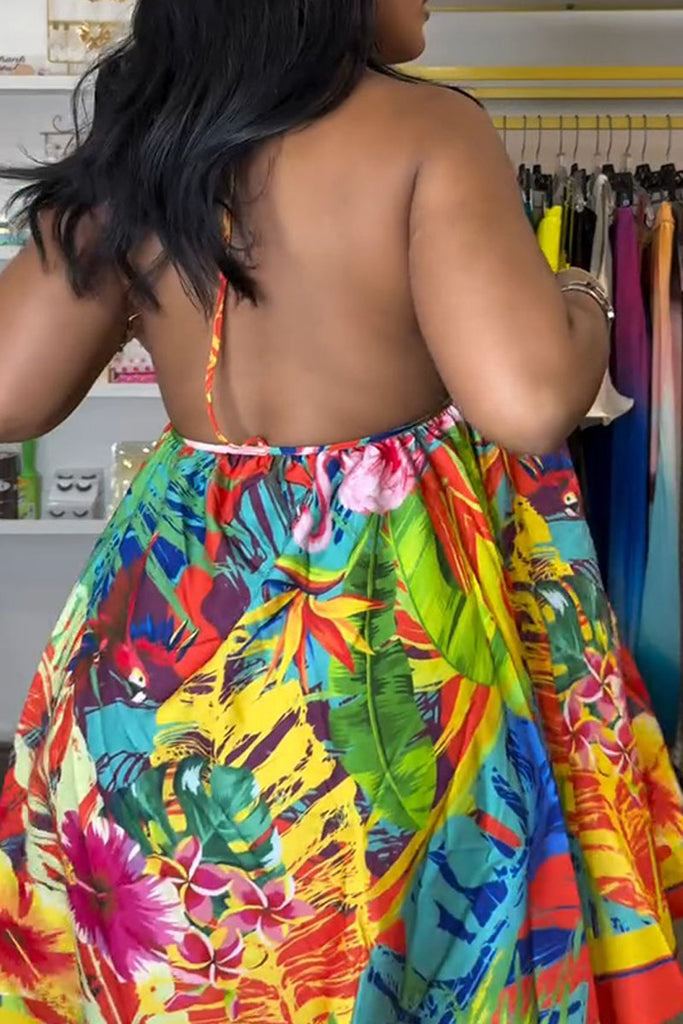 Sexy Floral Print Backless Belted Halter Sleeveless Dresses