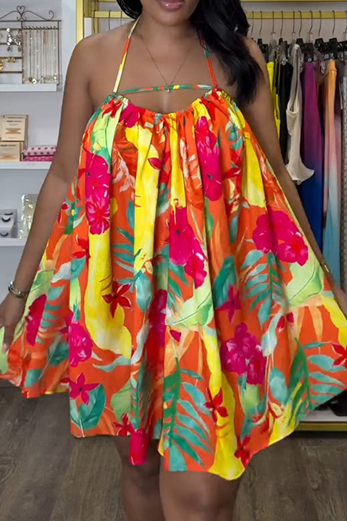 Sexy Floral Print Backless Belted Halter Sleeveless Dresses