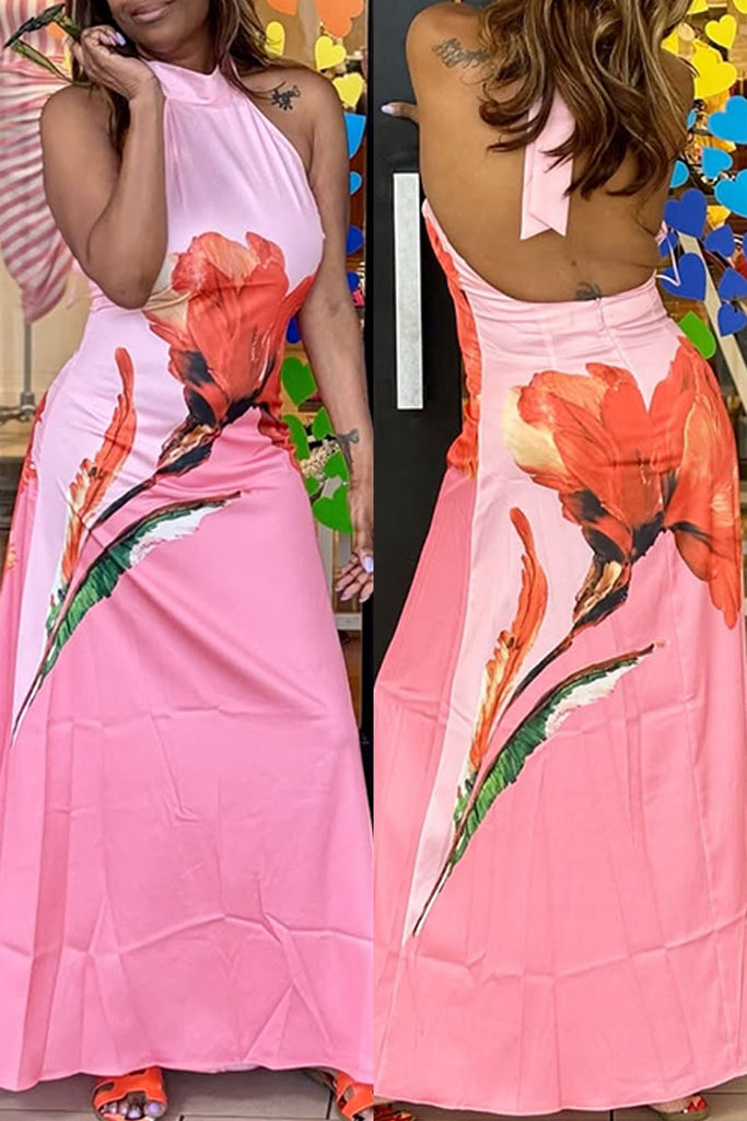 Sexy Elegant Floral Print Belted Halter Long Dresses