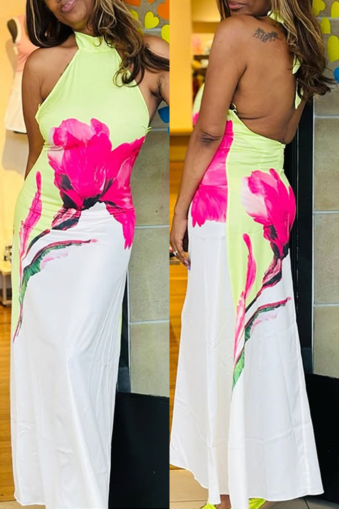 Sexy Elegant Floral Print Belted Halter Long Dresses