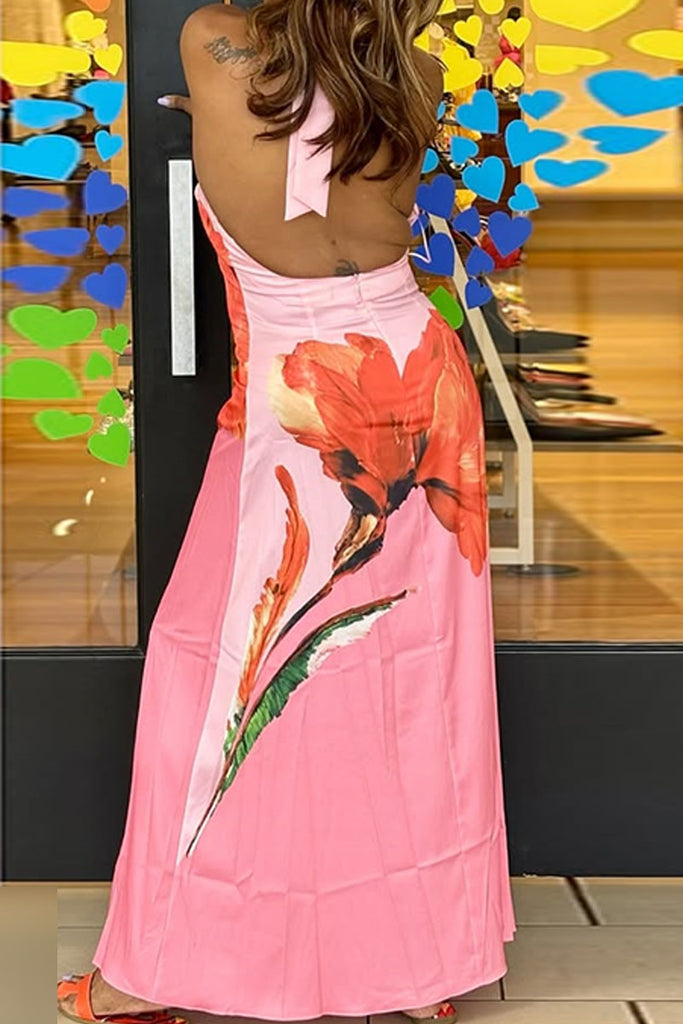 Sexy Elegant Floral Print Belted Halter Long Dresses