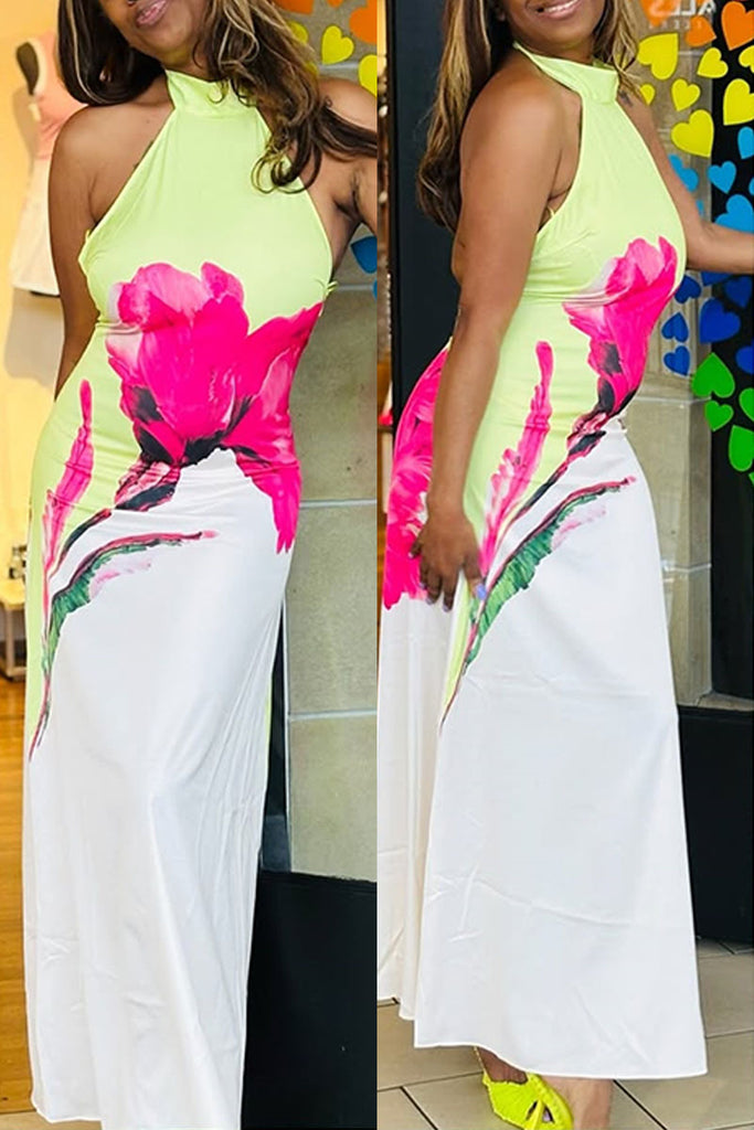 Sexy Elegant Floral Print Belted Halter Long Dresses