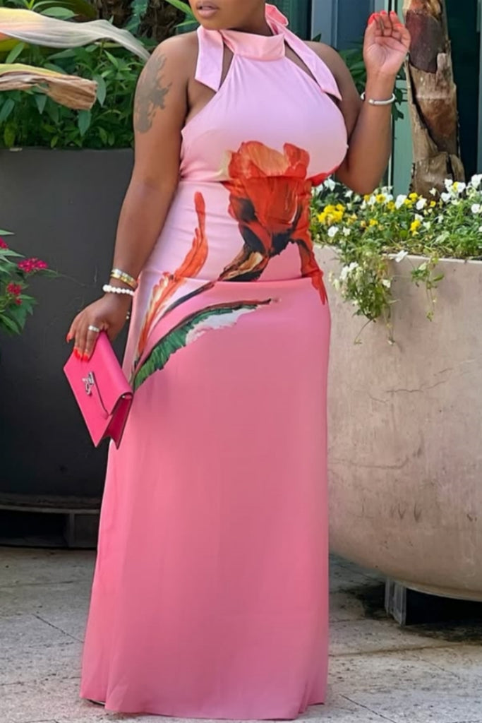 Sexy Elegant Floral Print Belted Halter Long Dresses