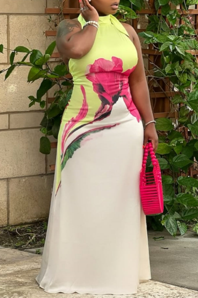 Sexy Elegant Floral Print Belted Halter Long Dresses