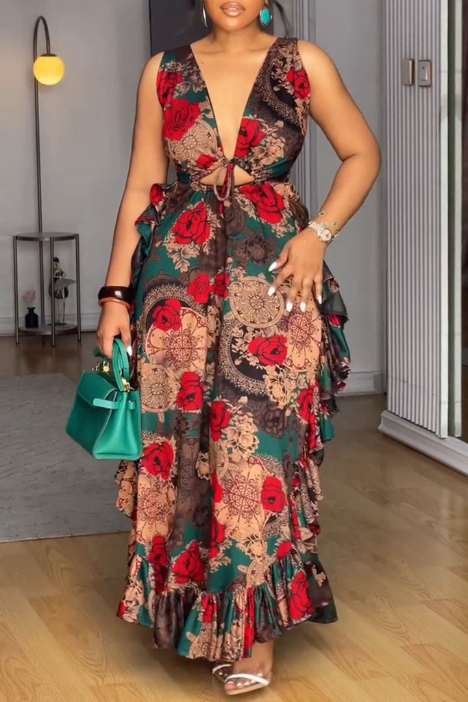 Sexy Elegant Print Hollow Out Belted V Neck Long Dresses