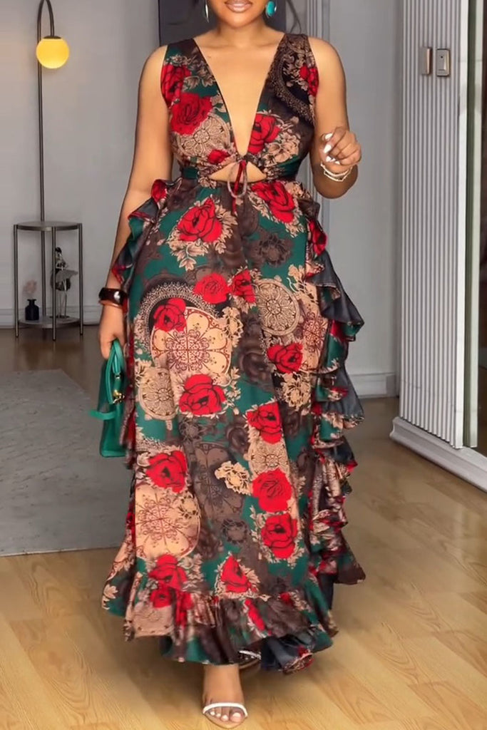 Sexy Elegant Print Hollow Out Belted V Neck Long Dresses
