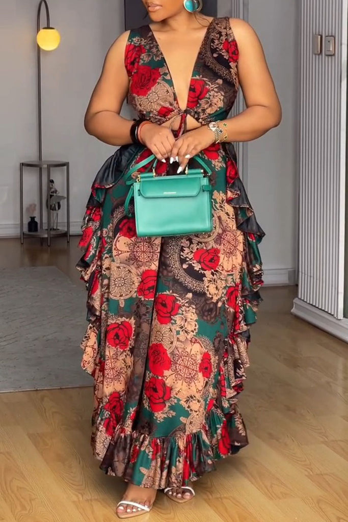 Sexy Elegant Print Hollow Out Belted V Neck Long Dresses