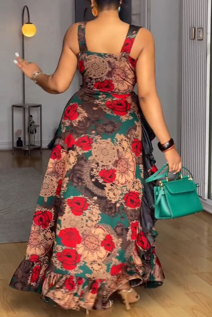 Sexy Elegant Print Hollow Out Belted V Neck Long Dresses