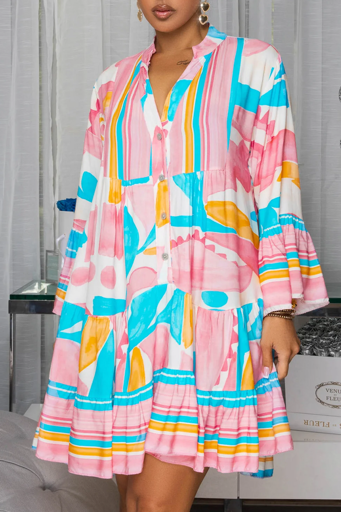 Vacation Elegant Print Ruffle Hem Conventional Collar Printed Dresses