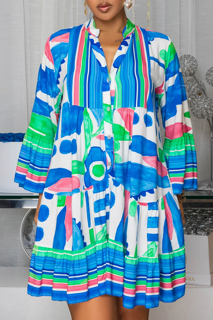 Vacation Elegant Print Ruffle Hem Conventional Collar Printed Dresses