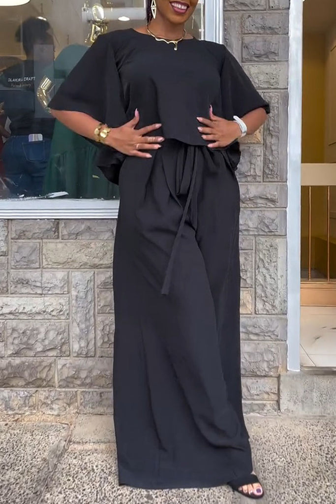 Casual Daily Elegant Solid Color With Belt O Neck Short Sleeve Two Pieces