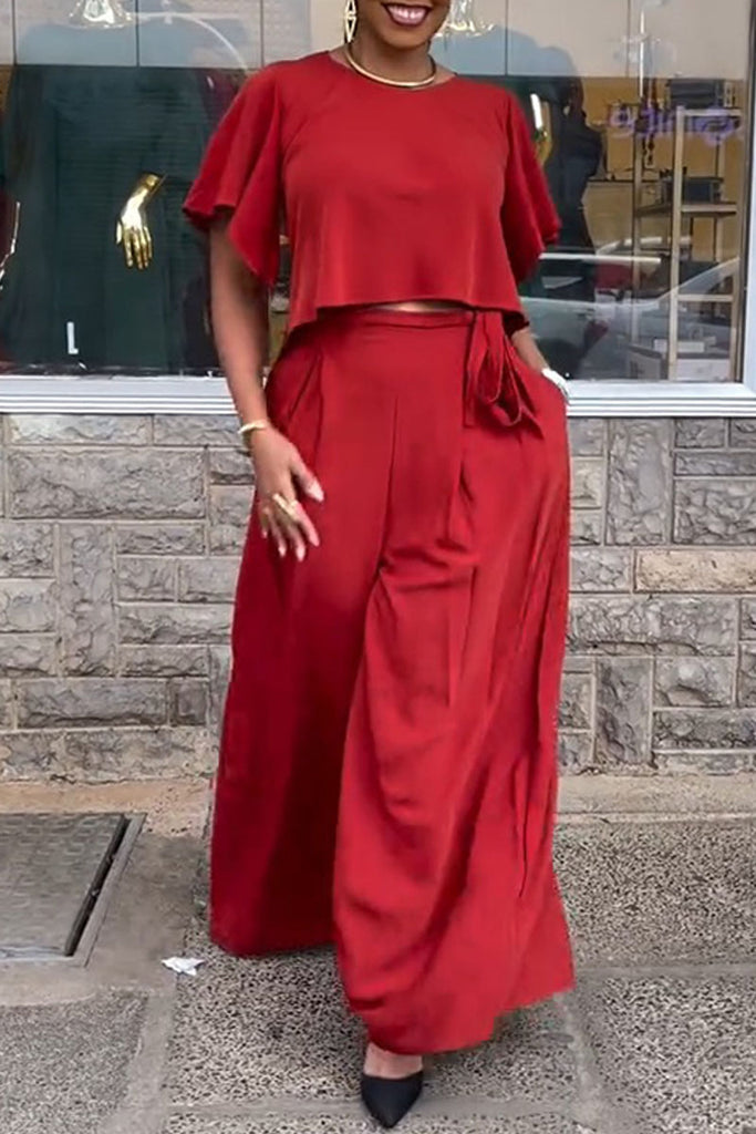 Casual Daily Elegant Solid Color With Belt O Neck Short Sleeve Two Pieces