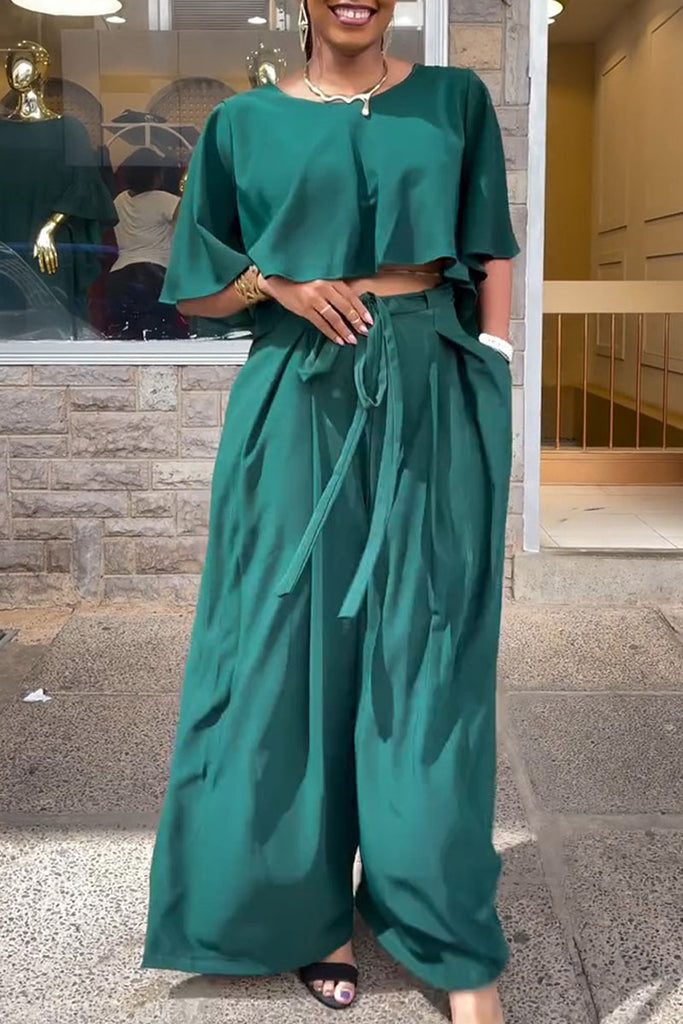 Casual Daily Elegant Solid Color With Belt O Neck Short Sleeve Two Pieces