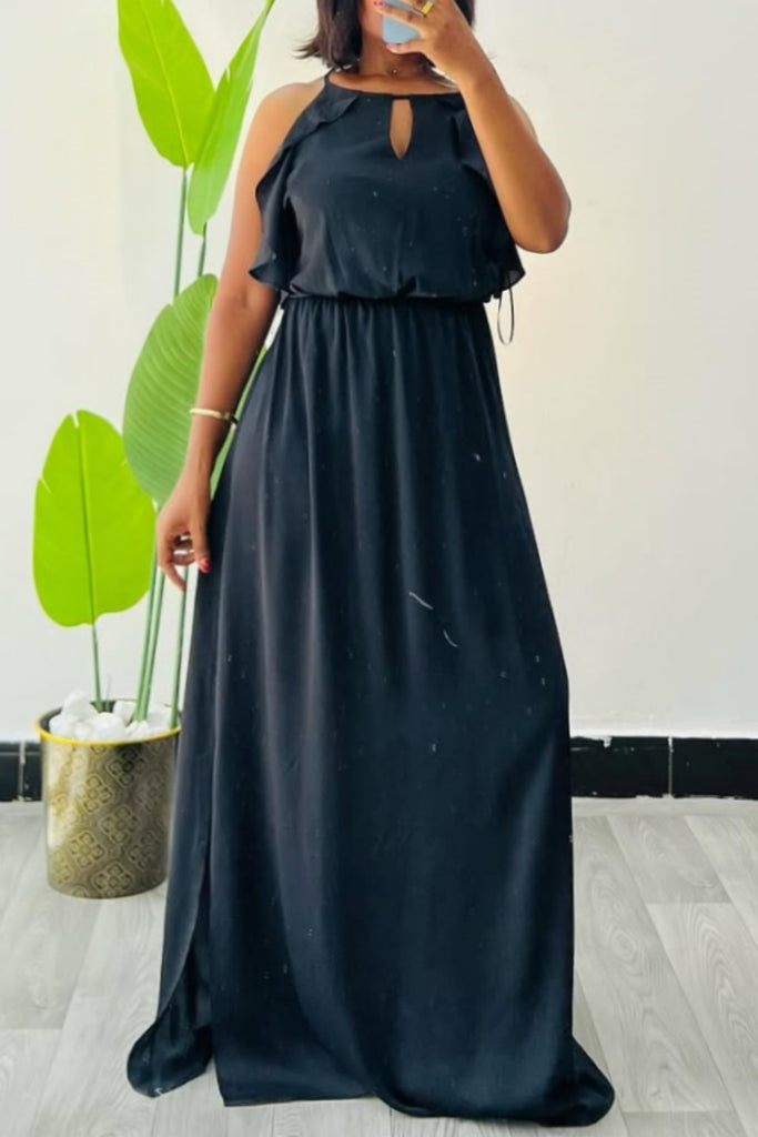 Casual Daily Vacation Solid Color Hollow Out Slit O Neck Long Dresses