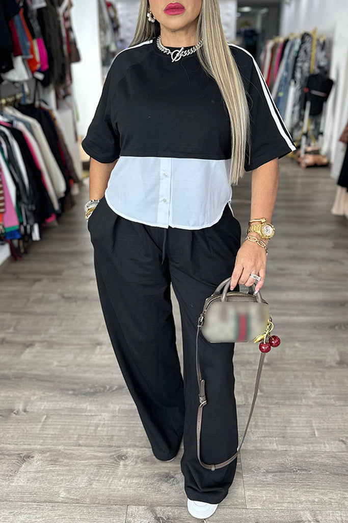 Casual Daily Letter Print Patchwork O Neck Half Sleeve Two Pieces