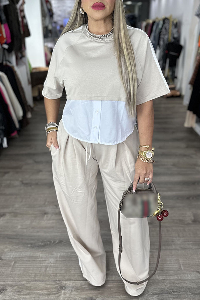 Casual Daily Letter Print Patchwork O Neck Half Sleeve Two Pieces