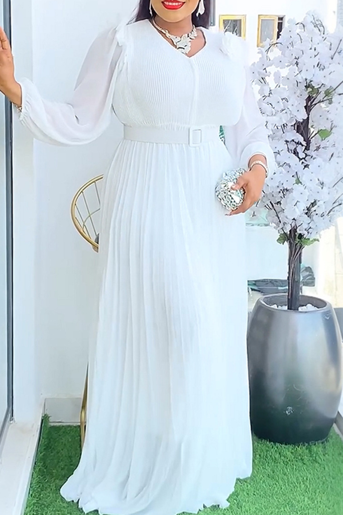 Elegant Solid Color With Belt Pleated V Neck Long Plus Size Dresses