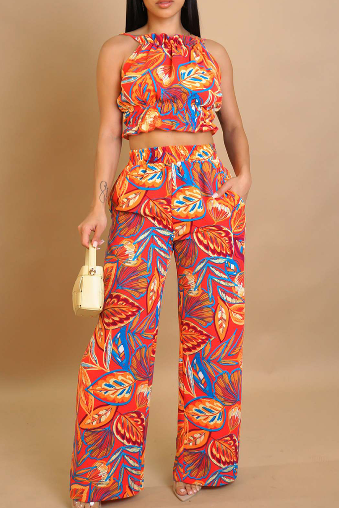 Casual Print Pocket Backless O Neck Sleeveless Two Pieces