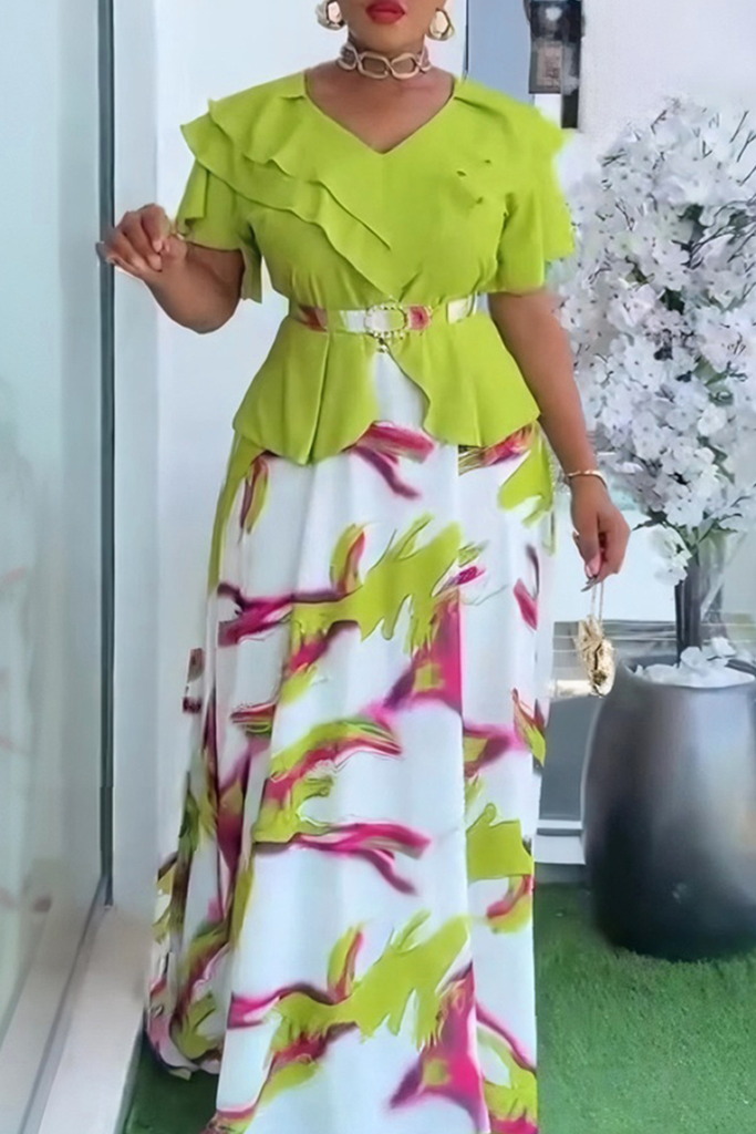 Elegant Print With Belt V Neck Long Plus Size Dresses