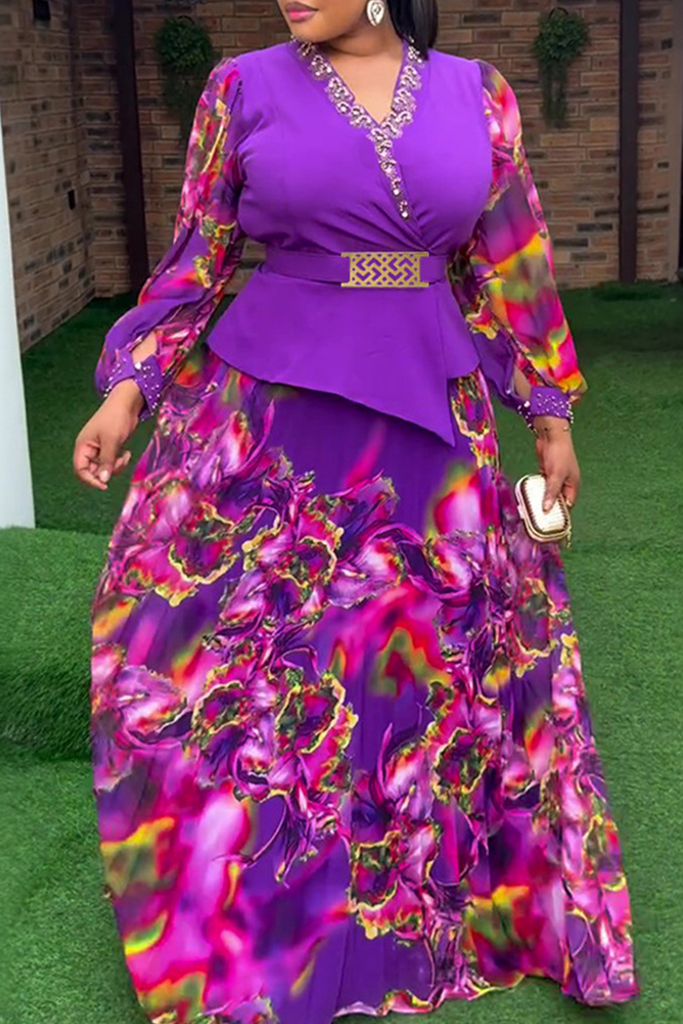 Elegant Print With Belt V Neck Plus Size Two Pieces