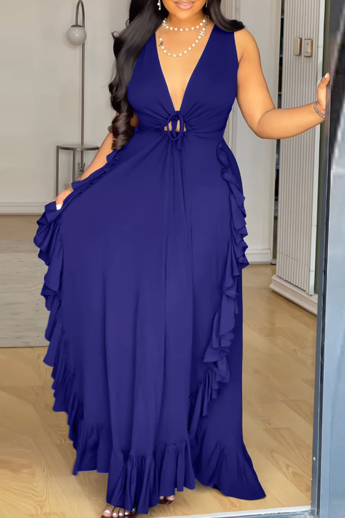 Sexy Solid Color Strap Design Ruffled Trim V Neck Long Plus Size Dresses