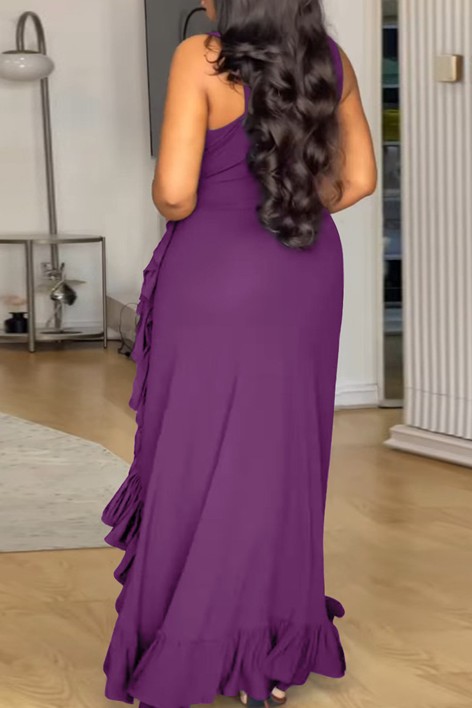 Sexy Solid Color Strap Design Ruffled Trim V Neck Long Plus Size Dresses