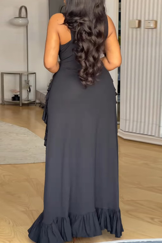 Sexy Solid Color Strap Design Ruffled Trim V Neck Long Plus Size Dresses