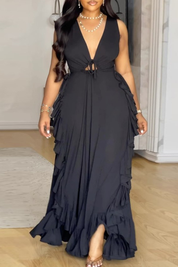Sexy Solid Color Strap Design Ruffled Trim V Neck Long Plus Size Dresses