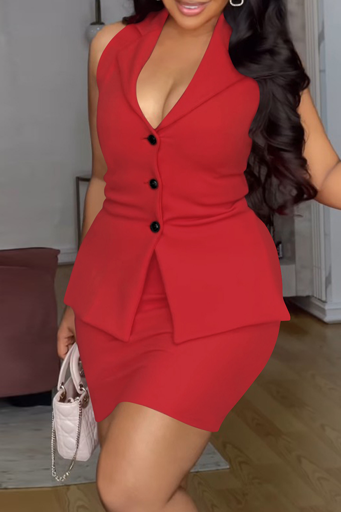 Sexy Solid Color Buckle V Neck Plus Size Two Pieces