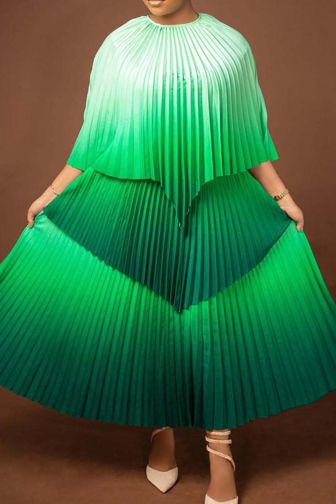 Elegant Gradient Irregular Pleated O Neck Three Quarter Two Pieces