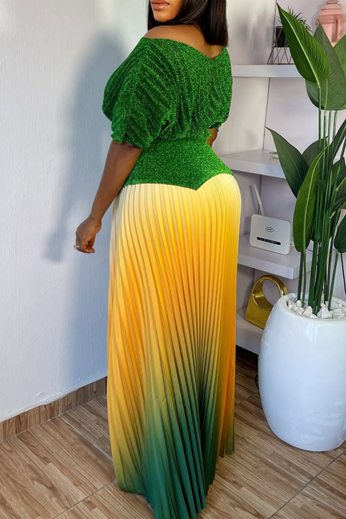 Elegant Gradient Pleated V Neck Half Sleeve Two Pieces