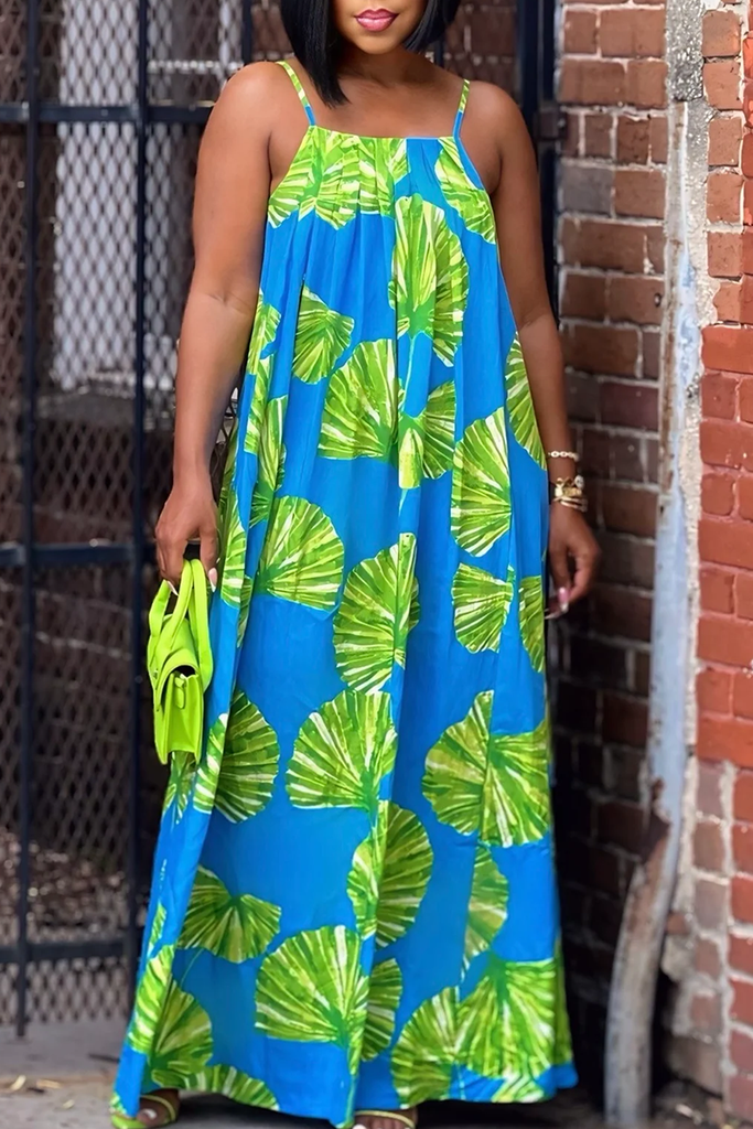Sexy Print Backless Spaghetti Strap Long Dresses