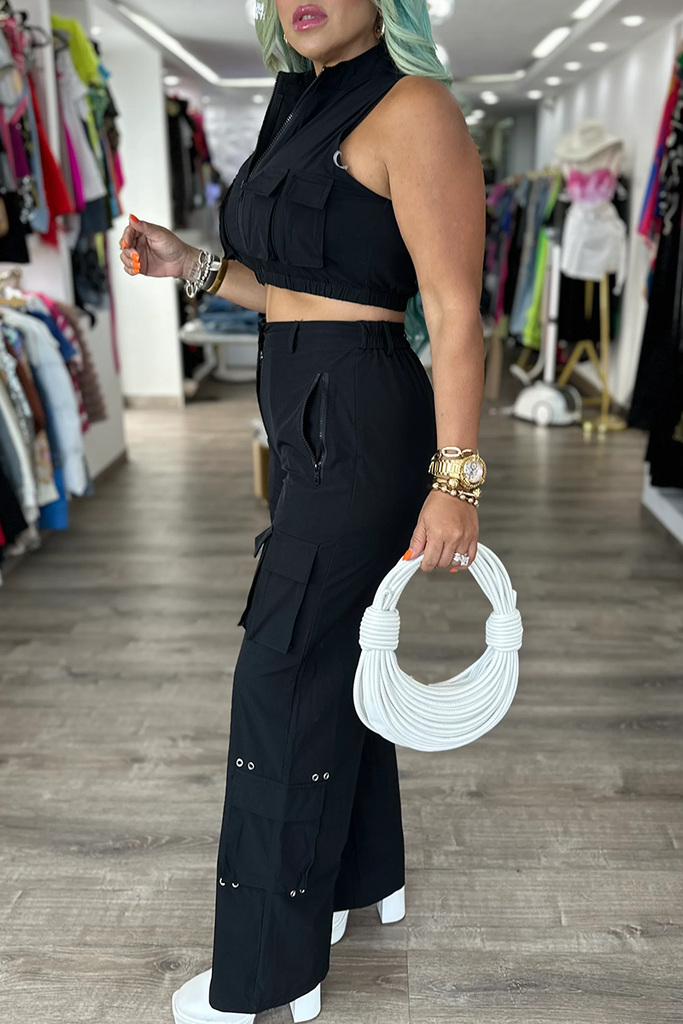 Casual Solid Color Pocket Zipper Zipper Collar Sleeveless Two Pieces
