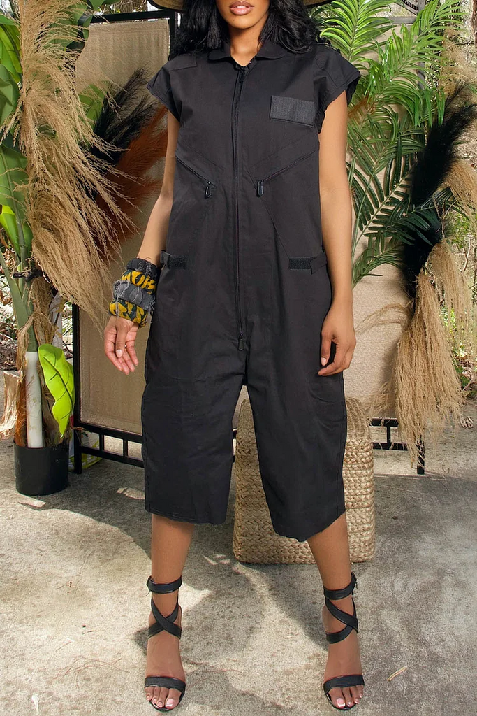 Casual Solid Color Zipper Turndown Collar Regular Jumpsuits